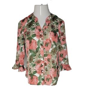 Gloria Lance Button Up Collared Shirt ~ Sz PL ~ Pink & Green ~ 3/4 Sleeve